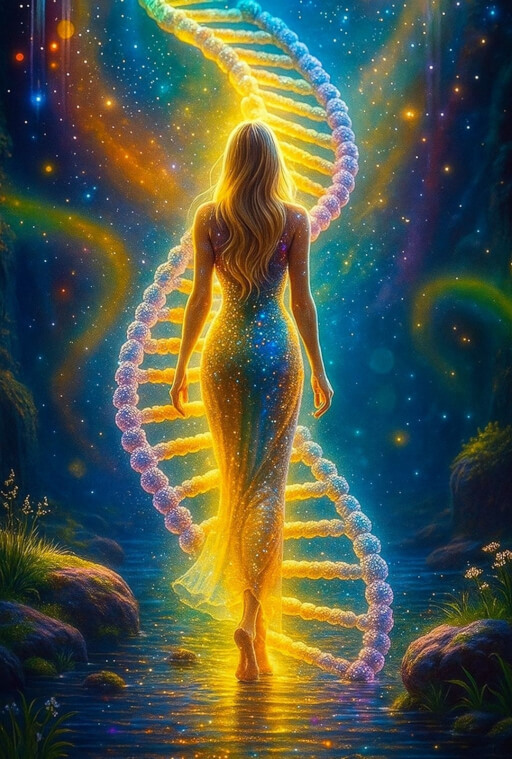 Frau in energetischem Lichtfeld vor DNA-Struktur als Symbol für Bewusstseinsentwicklung und innere Transformation