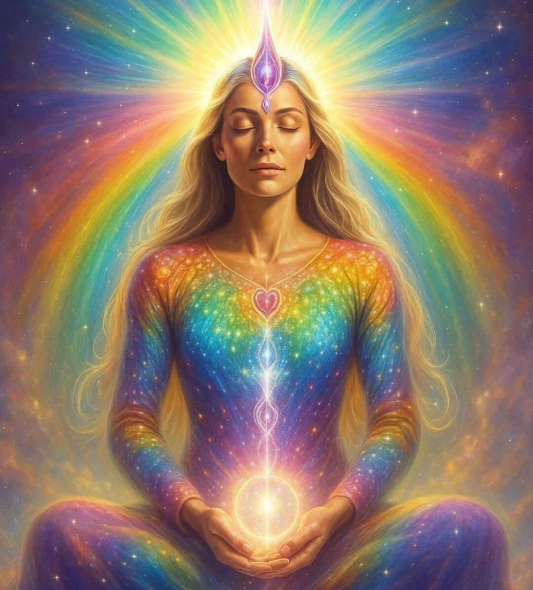 Frau in Meditation mit aktivierter Zirbeldrüse und energetischem Lichtfeld für Intuition und Bewusstsein